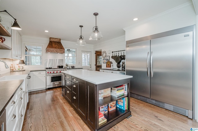 kitchen featuring high quality appliances, ornamental molding, custom range hood, open shelves, and white cabinets