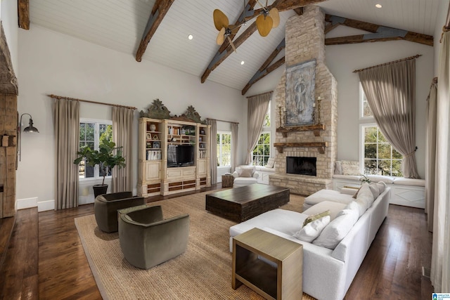 living area featuring beamed ceiling, a healthy amount of sunlight, and wood-type flooring