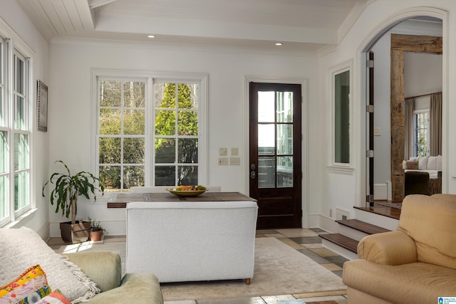 living area with beamed ceiling, plenty of natural light, and recessed lighting