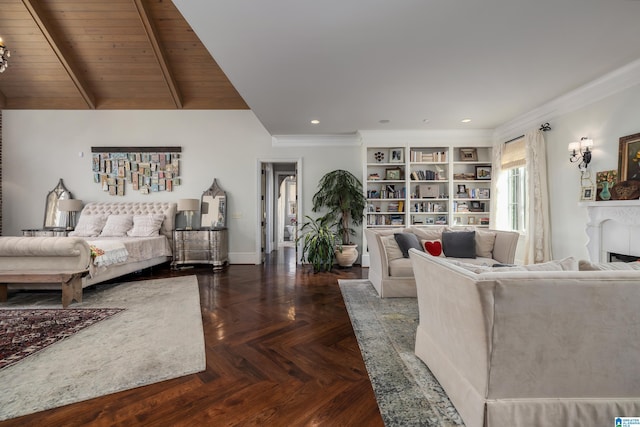 living area with recessed lighting, lofted ceiling with beams, crown molding, and baseboards