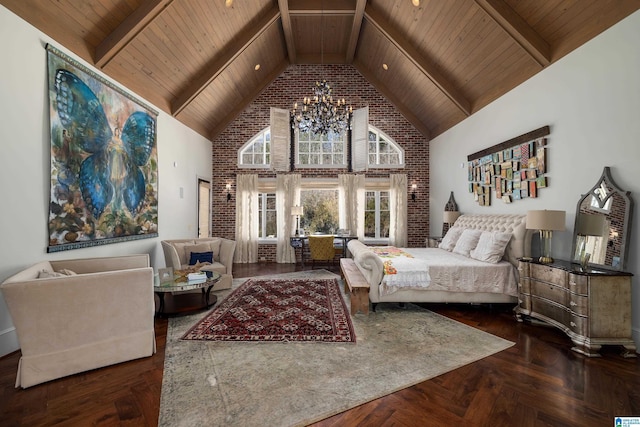 bedroom with beamed ceiling, high vaulted ceiling, an inviting chandelier, and wooden ceiling