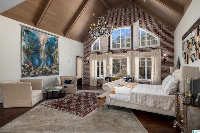 bedroom featuring wood finished floors, beamed ceiling, wood ceiling, and high vaulted ceiling