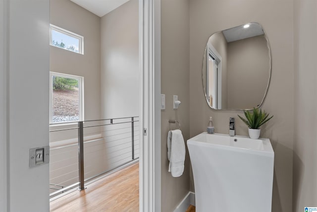 bathroom featuring wood finished floors and a sink