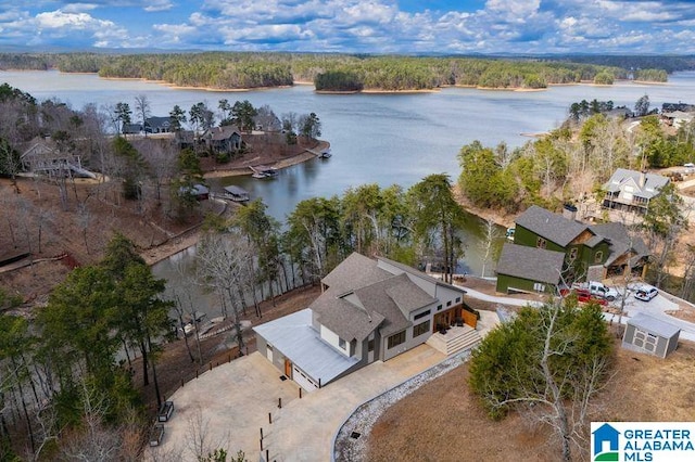 drone / aerial view featuring a forest view and a water view