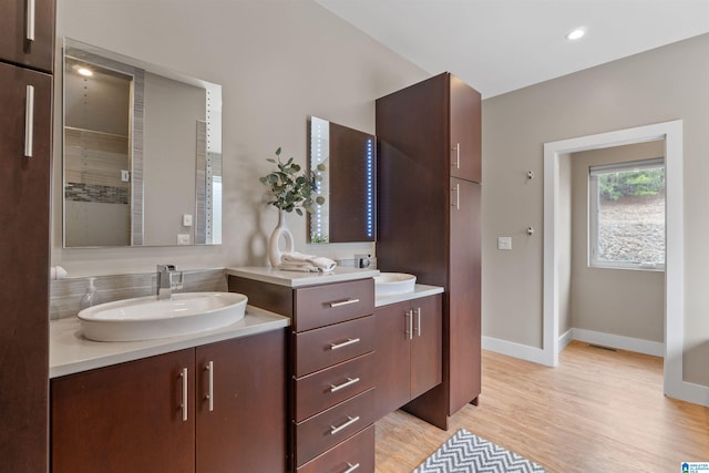 bathroom with wood finished floors, two vanities, baseboards, and a sink