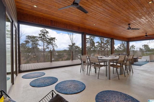 sunroom with wood ceiling, ceiling fan, and a healthy amount of sunlight