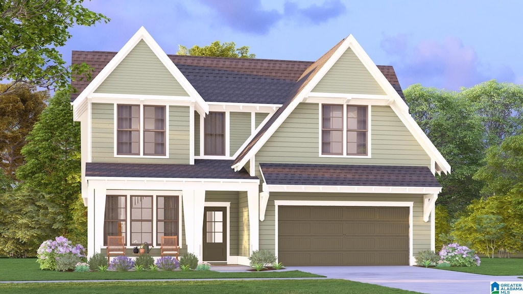 view of front of home featuring concrete driveway, an attached garage, covered porch, and a shingled roof