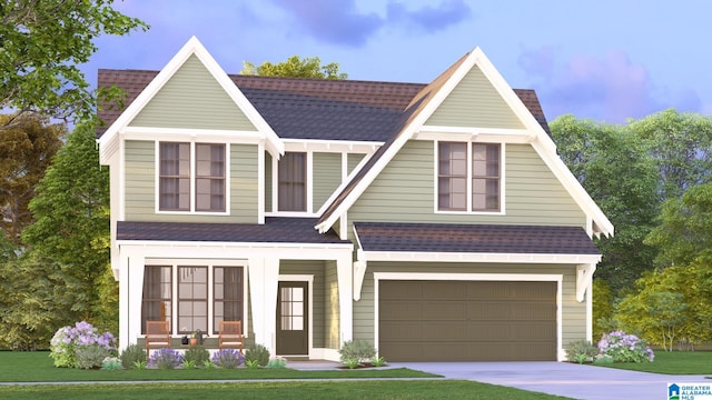 view of front of home featuring concrete driveway, an attached garage, covered porch, and a shingled roof