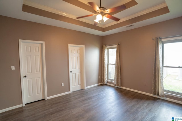 spare room featuring a tray ceiling and dark wood-style flooring