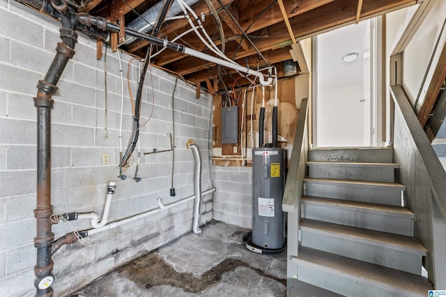 utility room featuring electric panel and water heater