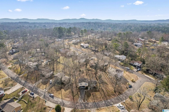 drone / aerial view featuring a mountain view and a forest view