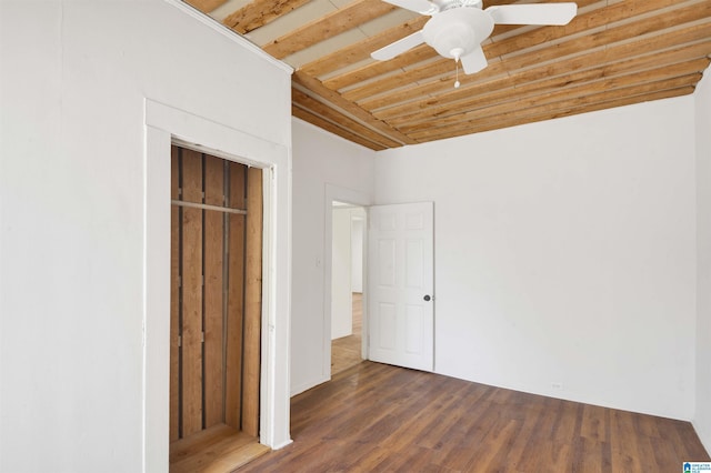 unfurnished bedroom with a ceiling fan, wood finished floors, and wooden ceiling