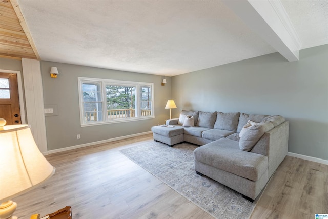 living area featuring light wood-style flooring, baseboards, and a textured ceiling