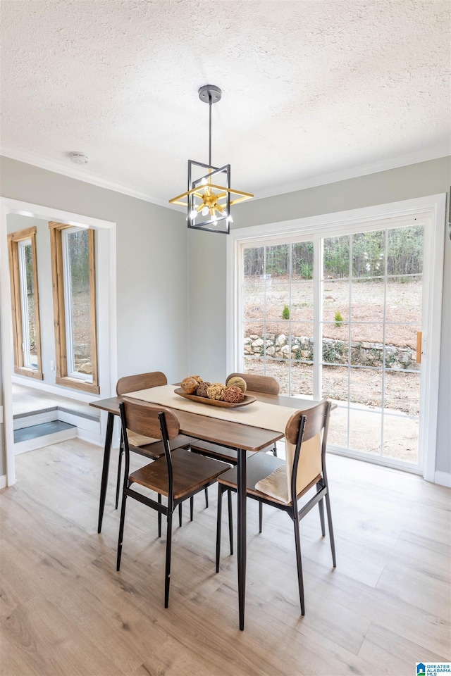 dining area featuring a notable chandelier, light wood-style flooring, crown molding, and a textured ceiling