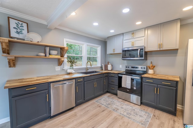 kitchen featuring a sink, wood counters, stainless steel appliances, light wood-style floors, and crown molding