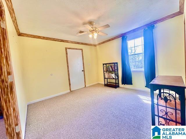 interior space with a ceiling fan, a textured ceiling, carpet, crown molding, and baseboards