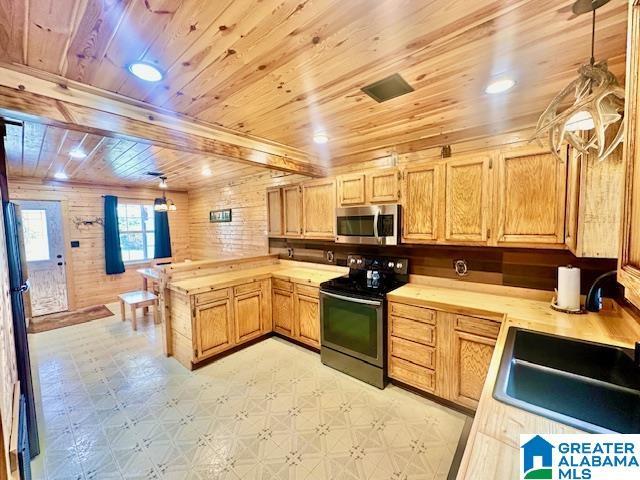 kitchen featuring light floors, a peninsula, a sink, stainless steel appliances, and wood ceiling