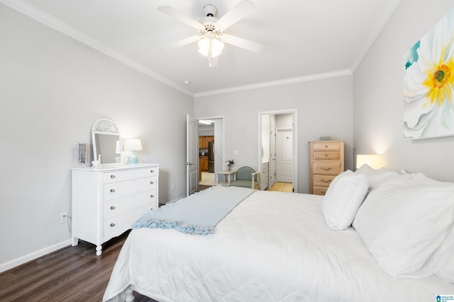 bedroom with baseboards, dark wood-type flooring, ceiling fan, and crown molding