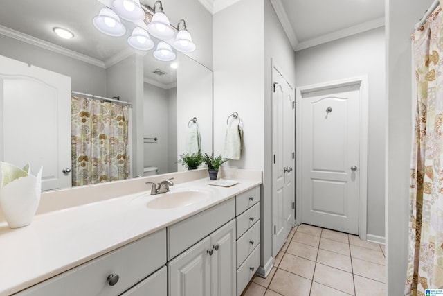 full bath featuring visible vents, toilet, ornamental molding, tile patterned floors, and vanity