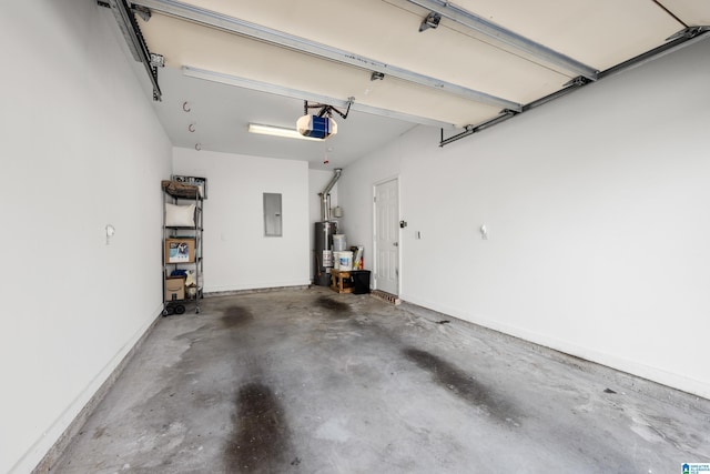 garage with electric panel, gas water heater, a garage door opener, and baseboards