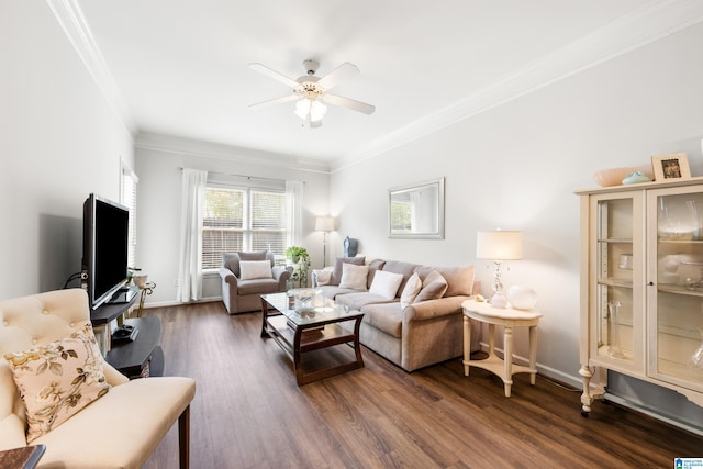 living room with baseboards, dark wood finished floors, a ceiling fan, and ornamental molding