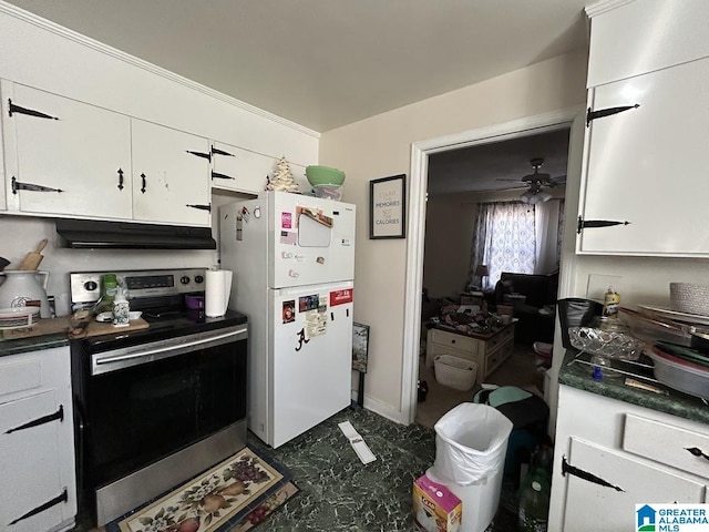 kitchen with freestanding refrigerator, white cabinetry, electric stove, and under cabinet range hood