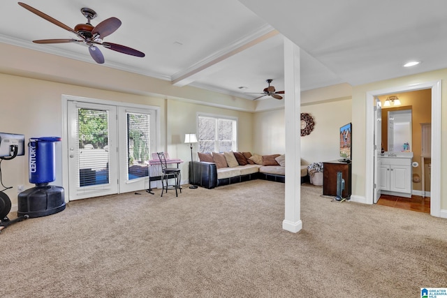 living area featuring a ceiling fan, baseboards, carpet floors, and ornamental molding