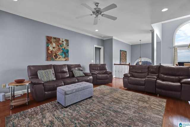 living room featuring recessed lighting, ornamental molding, a ceiling fan, and wood finished floors