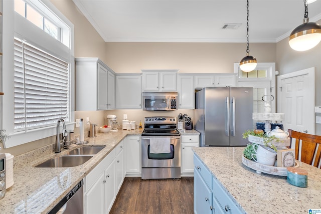 kitchen with visible vents, crown molding, appliances with stainless steel finishes, white cabinets, and a sink