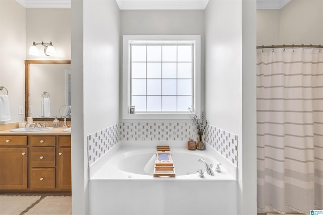 bathroom with vanity, curtained shower, a bath, and ornamental molding