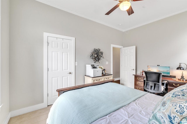 bedroom with crown molding, a ceiling fan, baseboards, and light carpet