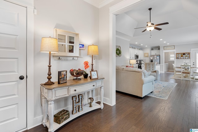 living room with recessed lighting, baseboards, ceiling fan, and dark wood finished floors