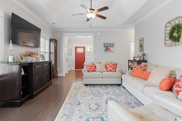 living room featuring dark wood-type flooring, baseboards, crown molding, a raised ceiling, and a ceiling fan