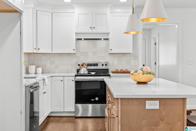 kitchen featuring white cabinetry, light countertops, dark wood-style floors, and appliances with stainless steel finishes