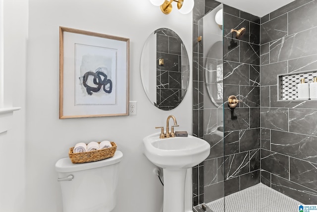 bathroom with toilet, tiled shower, and a sink