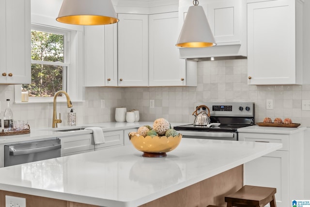 kitchen featuring decorative backsplash, white cabinetry, stainless steel appliances, and a sink