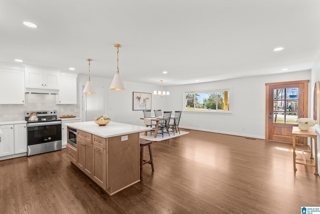 kitchen featuring plenty of natural light, backsplash, dark wood-style floors, appliances with stainless steel finishes, and light countertops