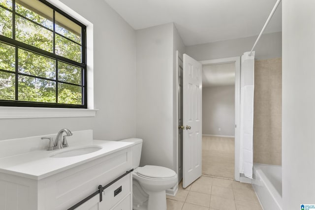 bathroom with tile patterned floors, shower / tub combo, toilet, and vanity