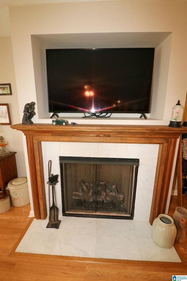 details featuring wood finished floors and a tile fireplace