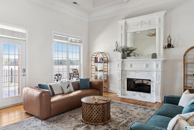 living room with wood finished floors, a fireplace, and ornamental molding