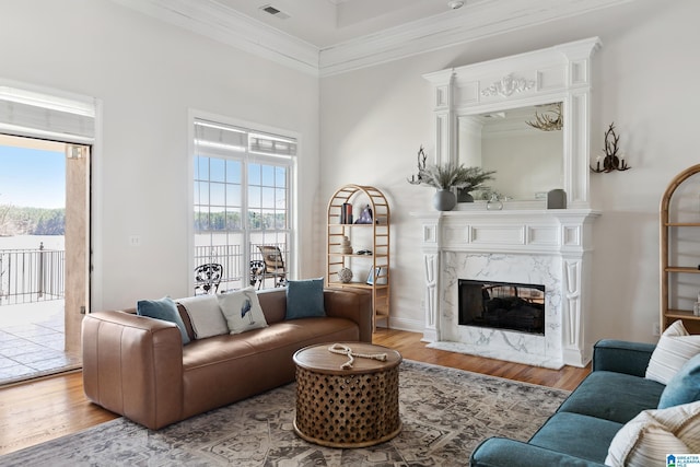 living room featuring wood finished floors, crown molding, and a fireplace