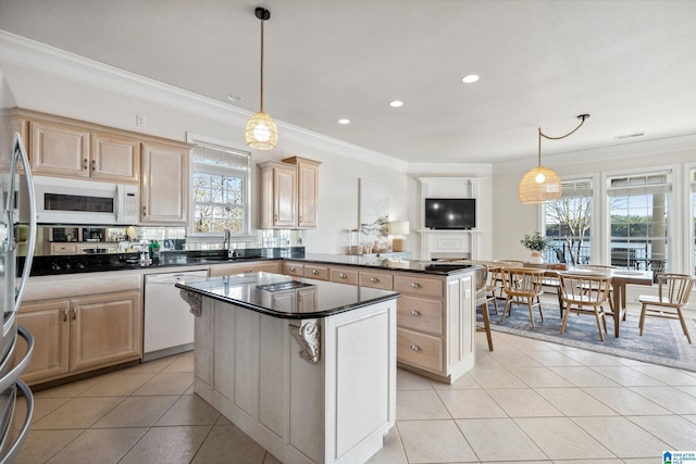 kitchen with dark countertops, light brown cabinetry, a peninsula, light tile patterned flooring, and white appliances