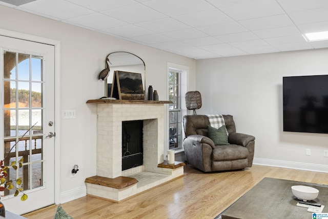 living area with baseboards, a healthy amount of sunlight, wood finished floors, and a fireplace