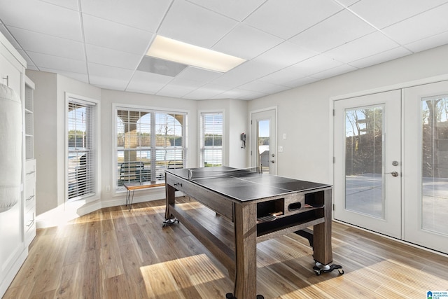 recreation room featuring french doors, plenty of natural light, and light wood-style floors