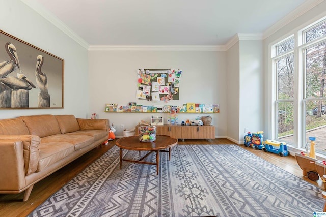 living room with ornamental molding, baseboards, and wood finished floors