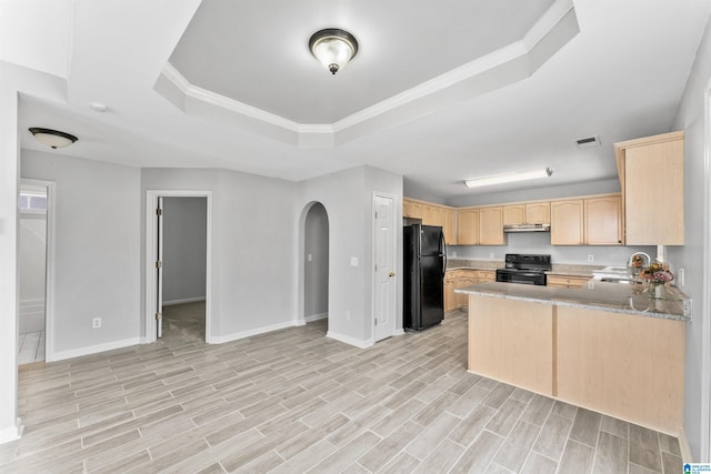 kitchen with visible vents, black appliances, light brown cabinets, a sink, and under cabinet range hood