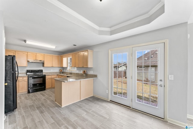 kitchen featuring a sink, black appliances, a peninsula, and light brown cabinetry