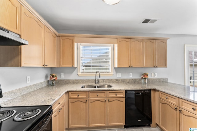 kitchen with visible vents, light brown cabinets, under cabinet range hood, black appliances, and a sink