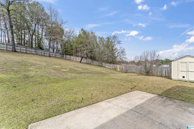 view of yard featuring a patio, a storage unit, a fenced backyard, and an outbuilding