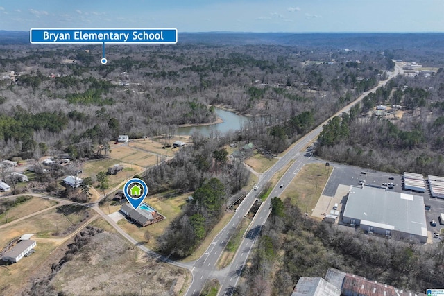 drone / aerial view featuring a water view and a wooded view